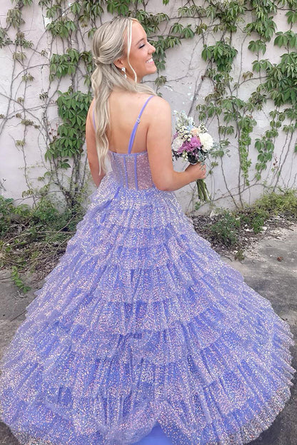 Eleanor | Glitter Tulle Corset Ruffle Tiered Long Prom Dress with Slit