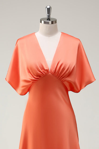 Sunset A Line V-Neck Satin Bridesmaid Dress with Short Sleeves