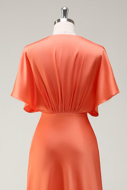 Sunset A Line V-Neck Satin Bridesmaid Dress with Short Sleeves