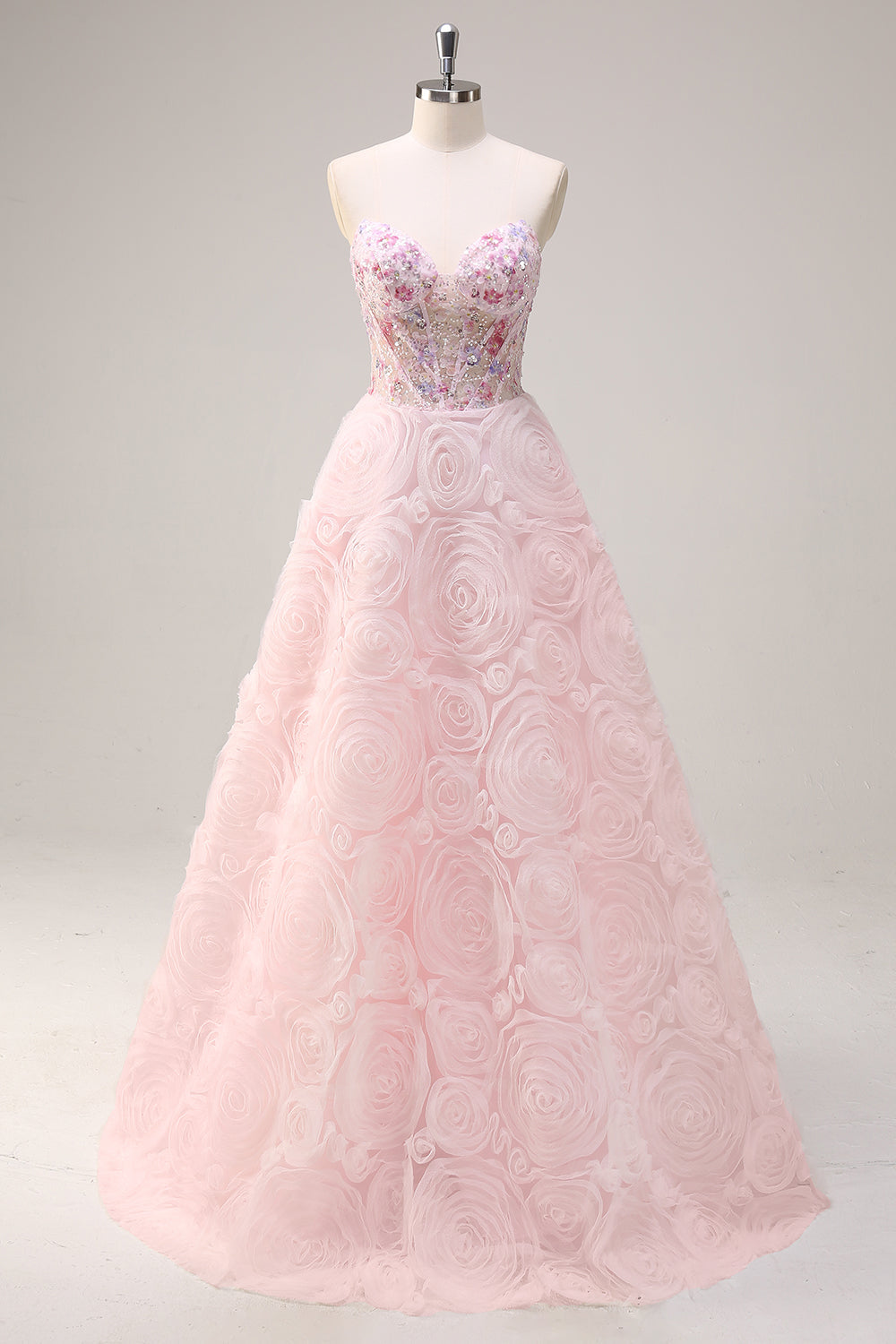 Sparkly Princess Pink Strapless Sequin Corset Floral Long Prom Dress With Pockets