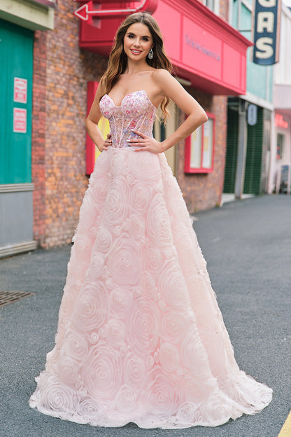 Sparkly Princess Pink Strapless Sequin Corset Floral Long Prom Dress With Pockets