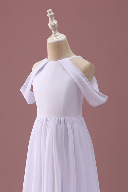 White A Line Off The Shoulder Chiffon Ruched Junior Bridesmaid Dress