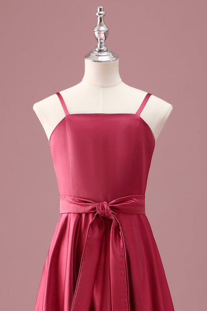 Dark Red A Line Spaghetti Straps Ruched Junior Bridesmaid Dress