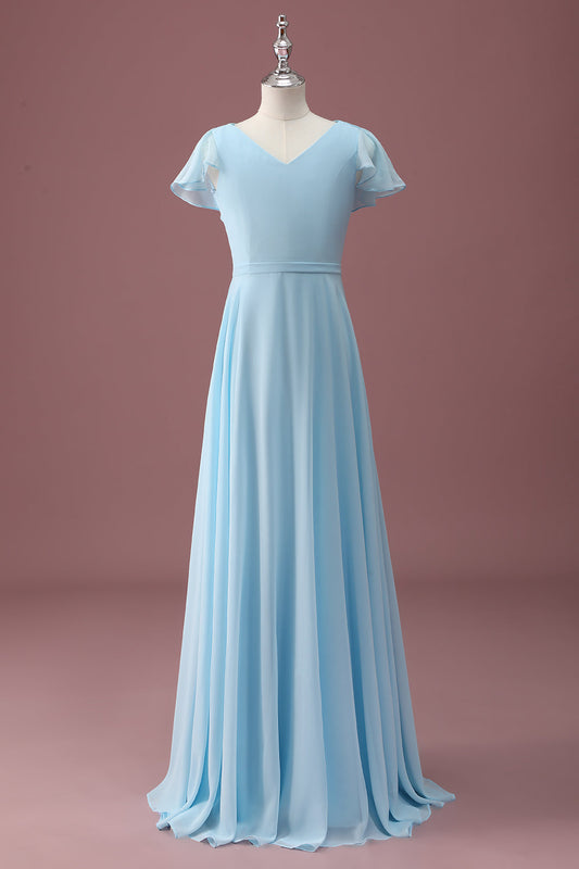 Sky Blue A Line V-Neck Ruched Chiffon Junior Bridesmaid Dress