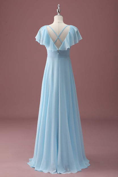 Sky Blue A Line V-Neck Ruched Chiffon Junior Bridesmaid Dress