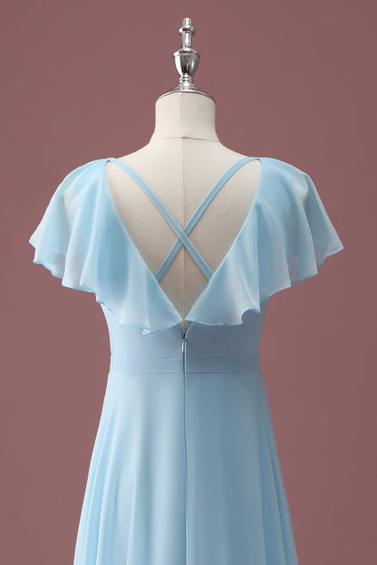 Sky Blue A Line V-Neck Ruched Chiffon Junior Bridesmaid Dress