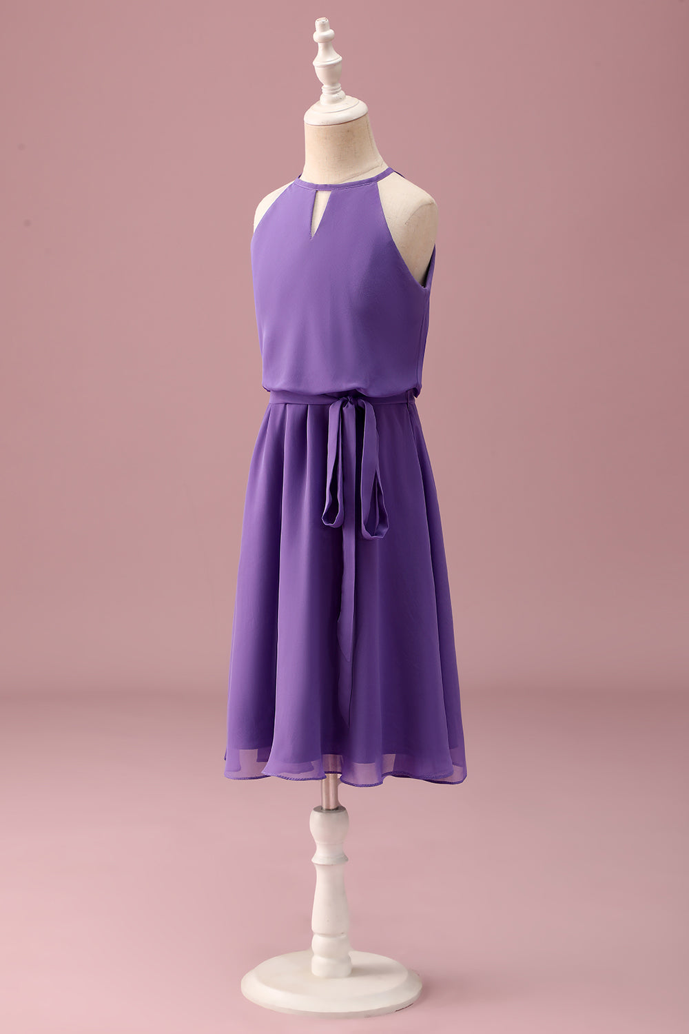 Purple Halter Keyhole A Line Short Junior Bridesmaid Dress with Belt