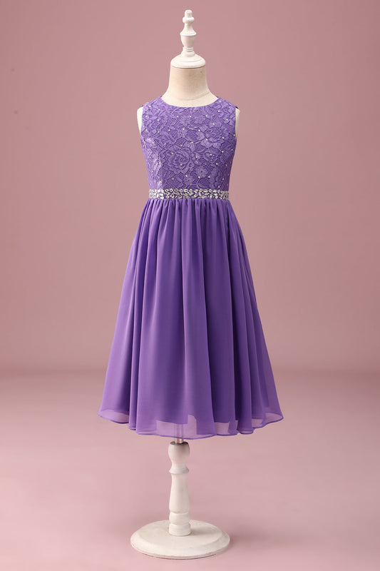 Purple Lace A Line Round Neck Short Junior Bridesmaid Dress with Rhinestone Belt