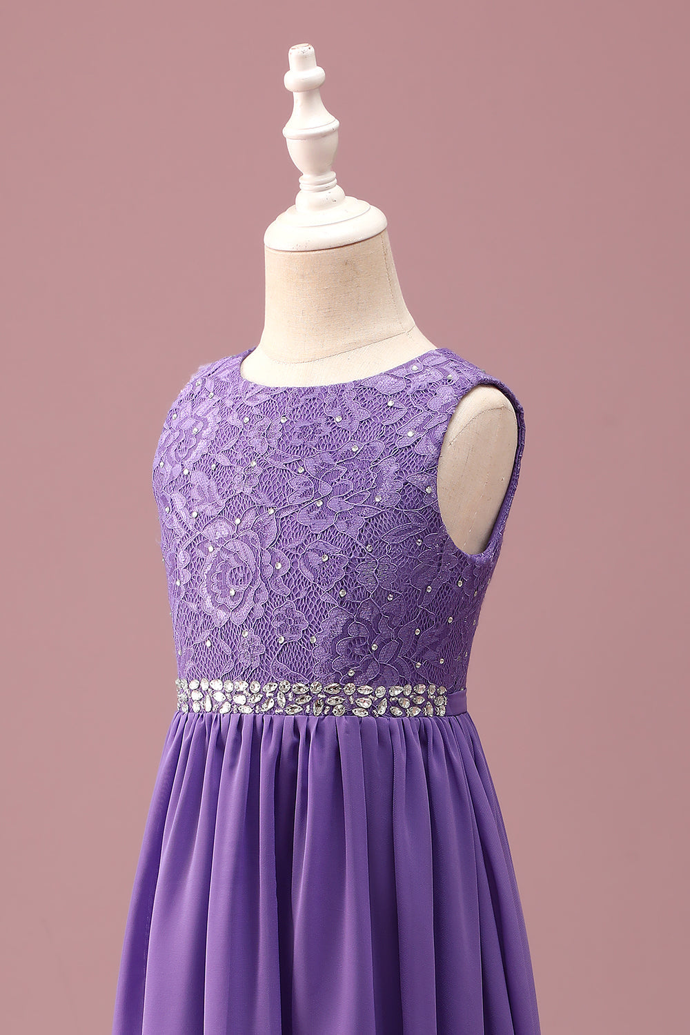 Purple Lace A Line Round Neck Short Junior Bridesmaid Dress with Rhinestone Belt