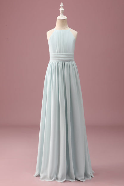 Mint Halter A-Line Pleated Long Junior Bridesmaid Dress