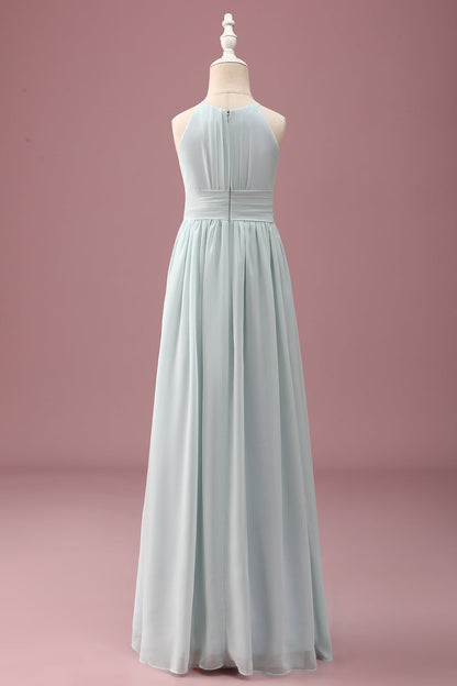 Mint Halter A-Line Pleated Long Junior Bridesmaid Dress