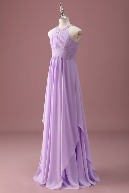 Lilac Beaded Keyhole Halter A Line Long Pleated Junior Bridesmaid Dress