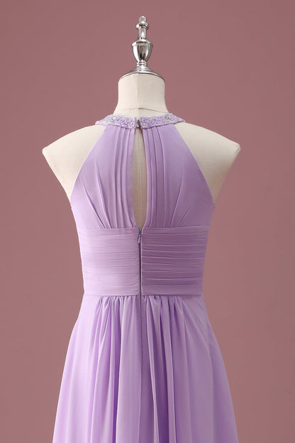 Lilac Beaded Keyhole Halter A Line Long Pleated Junior Bridesmaid Dress