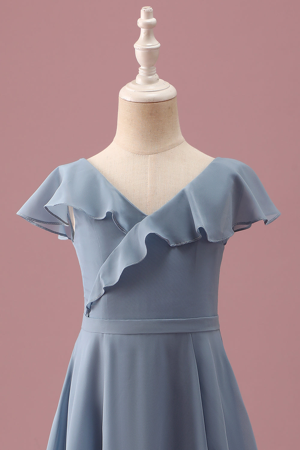 Dusty Blue Chiffon V Neck Wrap Short Junior Bridesmaid Dress with Flutter Sleeves