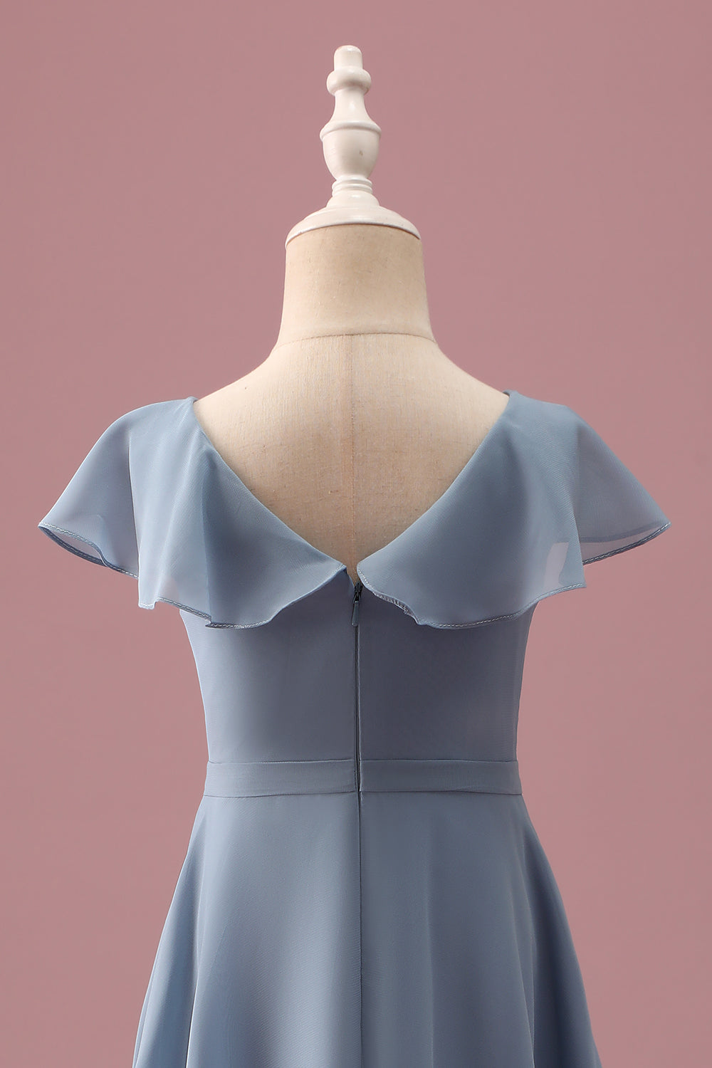 Dusty Blue Chiffon V Neck Wrap Short Junior Bridesmaid Dress with Flutter Sleeves