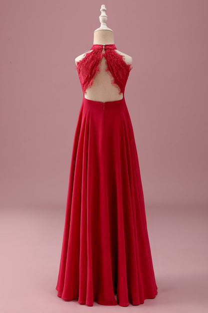 Lace Halter Red A Line Chiffon Ruched Junior Bridesmaid Dress