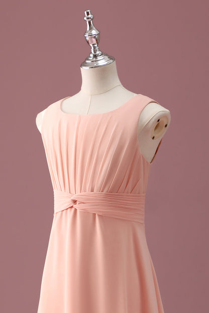 Peach Square Neck Pleated Chiffon A Line Junior Bridesmaid Dress