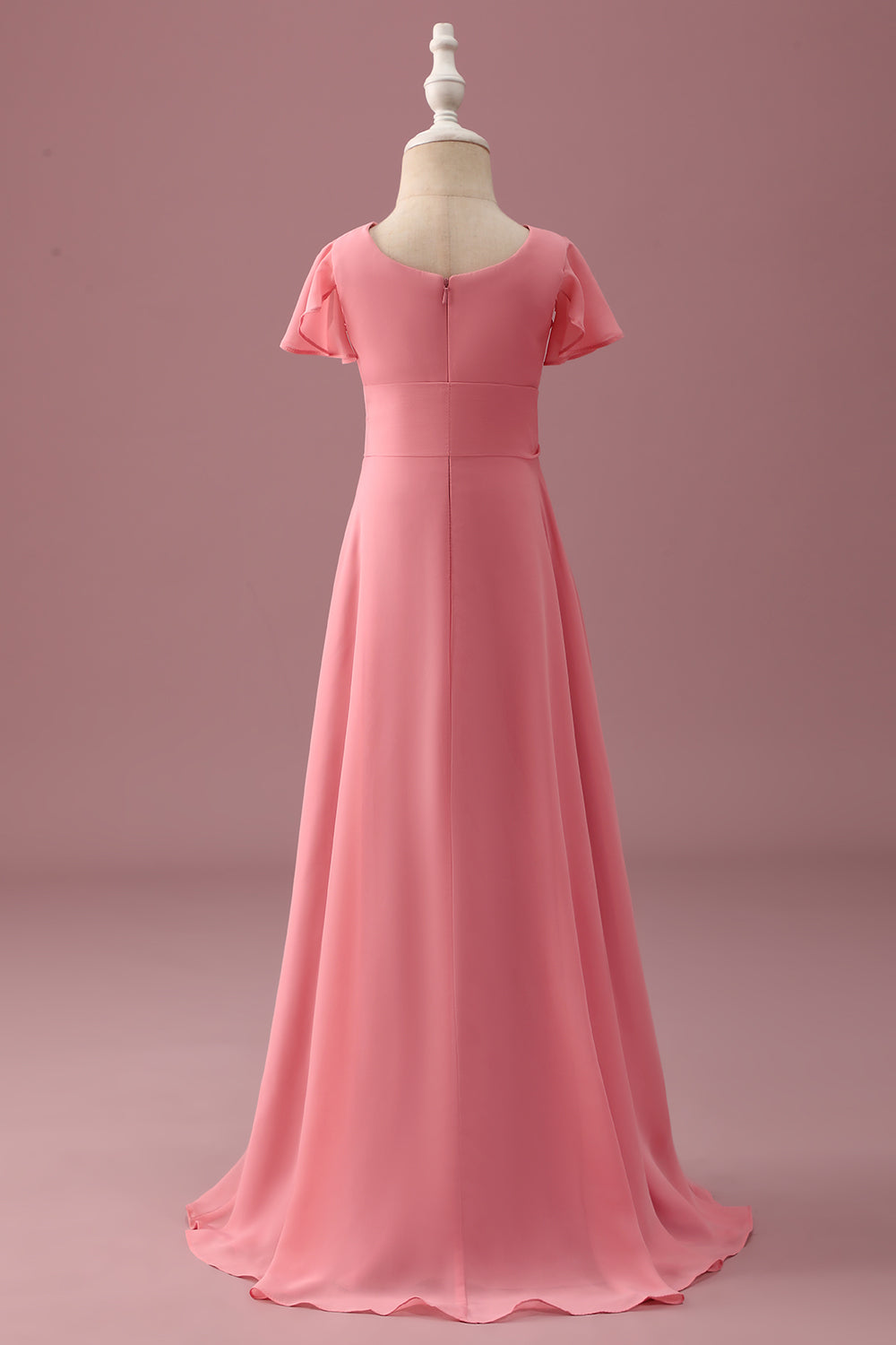 Coral Chiffon Short Sleeves A Line Junior Bridesmaid Dress with Bowknot