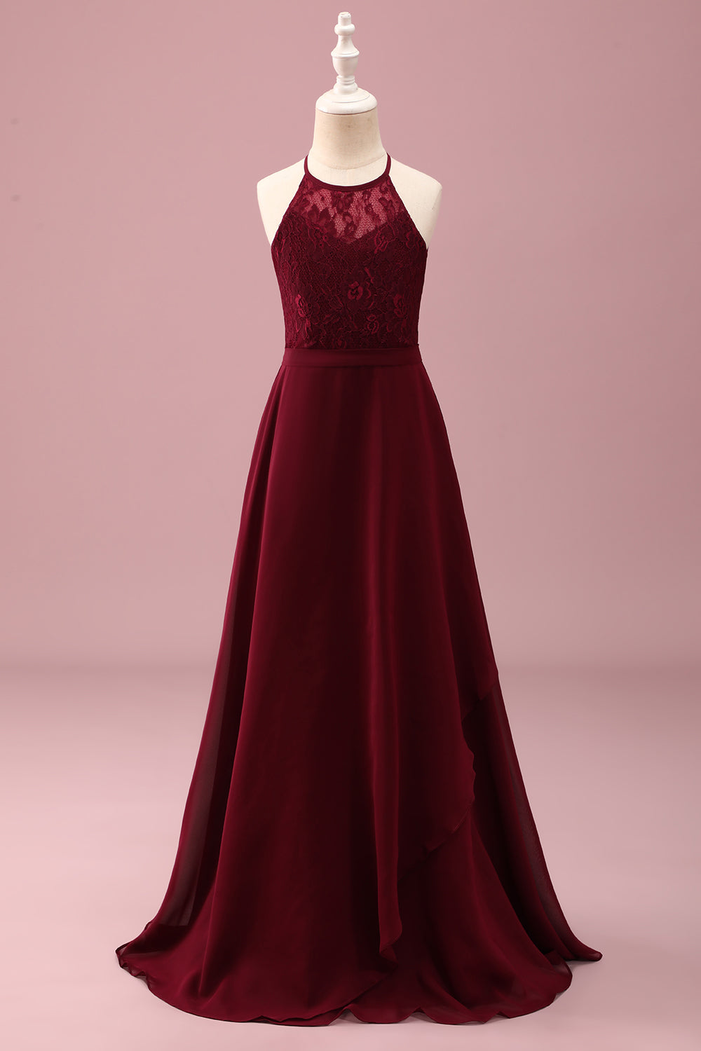 Burgundy Halter Lace A Line Chiffon Long Junior Bridesmaid Dress