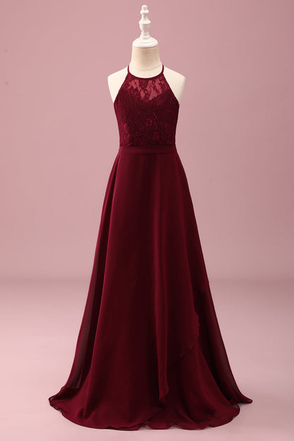 Burgundy Halter Lace A Line Chiffon Long Junior Bridesmaid Dress