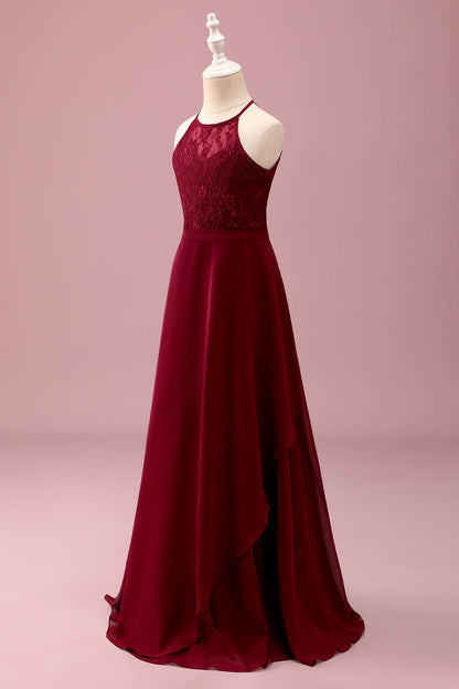 Burgundy Halter Lace A Line Chiffon Long Junior Bridesmaid Dress