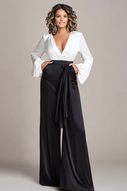 White and Black Deep V-neck Satin Long Sleeves Mother of the Bride Jumpsuits