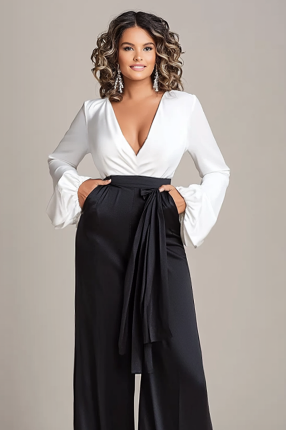 White and Black Deep V-neck Satin Long Sleeves Mother of the Bride Jumpsuits