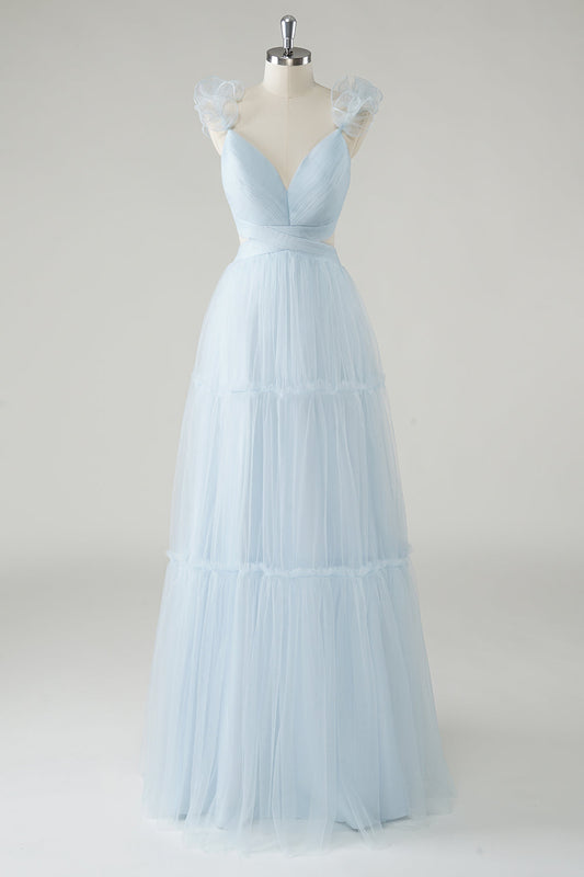 Sky Blue A-Line Ruffles Straps V-Neck Tulle Long Bridesmaid Dress