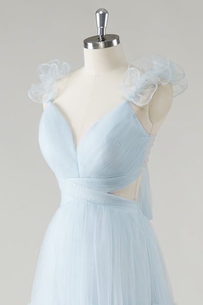 Sky Blue A-Line Ruffles Straps V-Neck Tulle Long Bridesmaid Dress