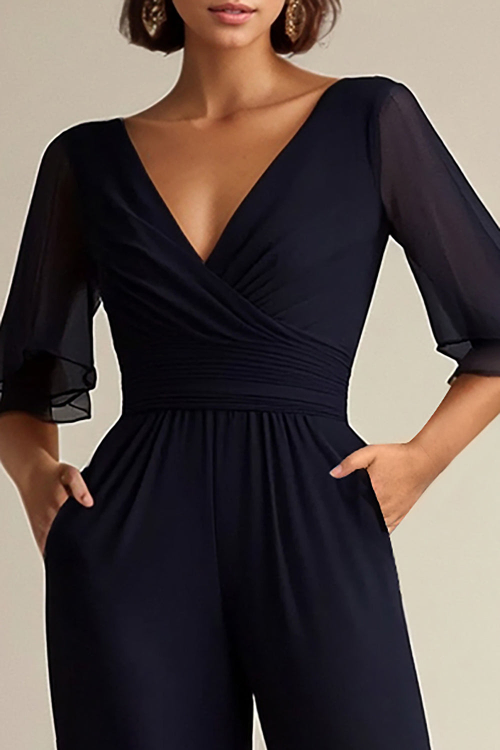 Navy V-neck Half Sleeves Chiffon Mother of the Bride Jumpsuits