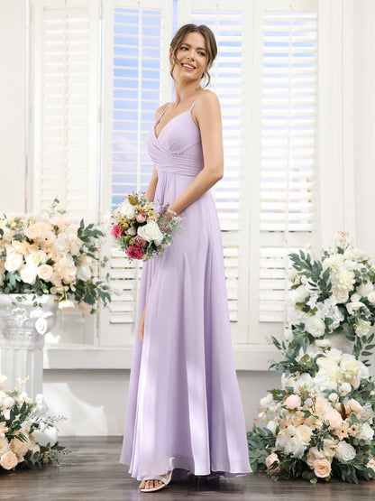 A-Line/Princess V-Neck Spaghetti Straps Sleeveless Floor-Length Chiffon Bridesmaid Dresses with Split Side