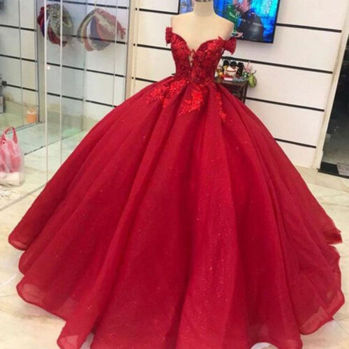 Red Off Shoulder Wedding Dresses Tulle with Lace Appliques Corset Princess Gowns  gh1033