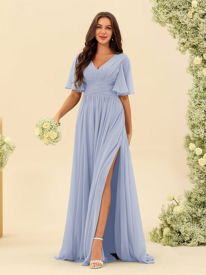 A-Line/Princess V-Neck Half Sleeves Chiffon Bridesmaid Dresses With Pockets & Split Side