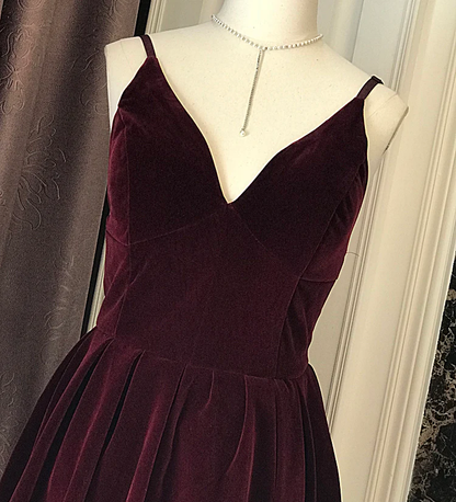 Wine Red Velvet Short V Back Homecoming Dress Party Dress, Dark Red Short Prom Dress gh63