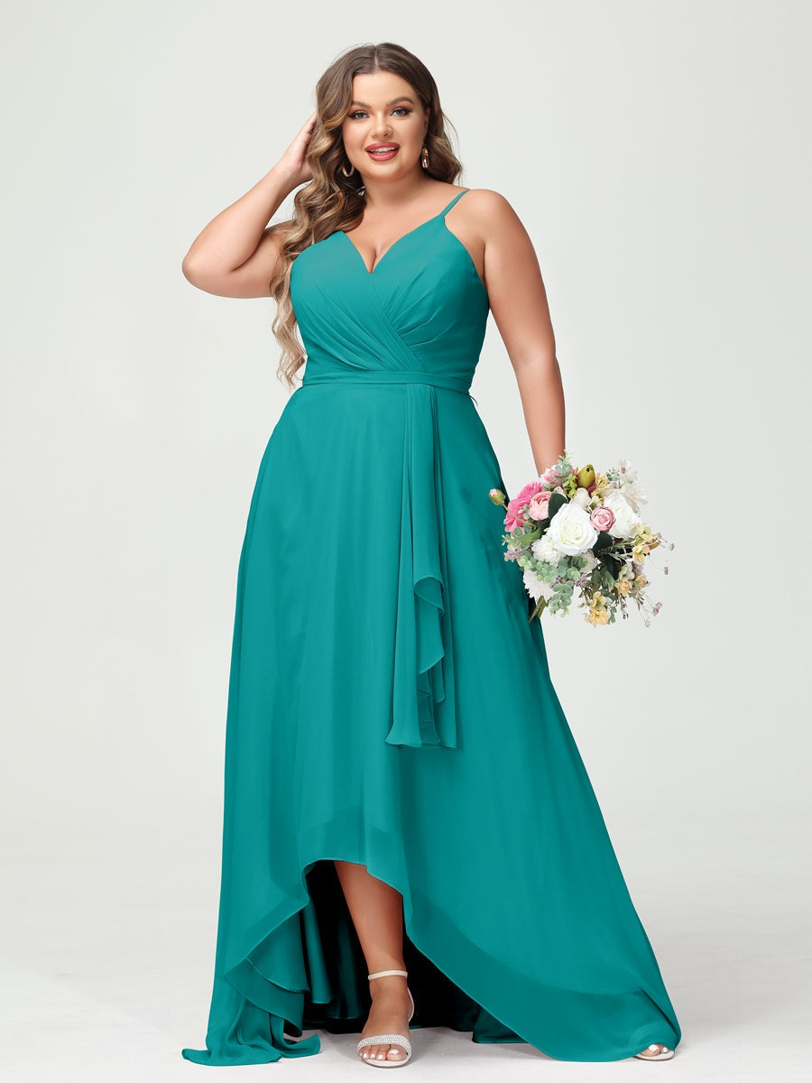 A-Line/Princess Spaghetti Straps Chiffon Ruffles Asymmetrical Plus Size Bridesmaid Dresses with Pockets