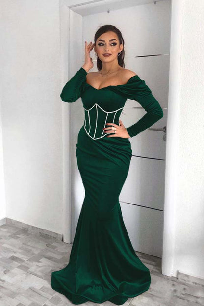 Prom Dress Off-The-Shoulder Green Long Sleeves Mermaid ED0618