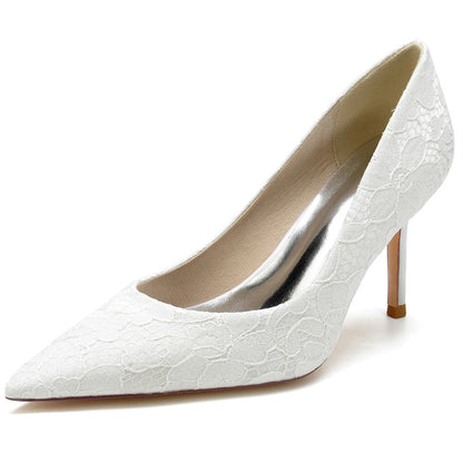 Women's Wedding Pointed Toe Minimalist Stiletto Heel Lace Bridal Shoes