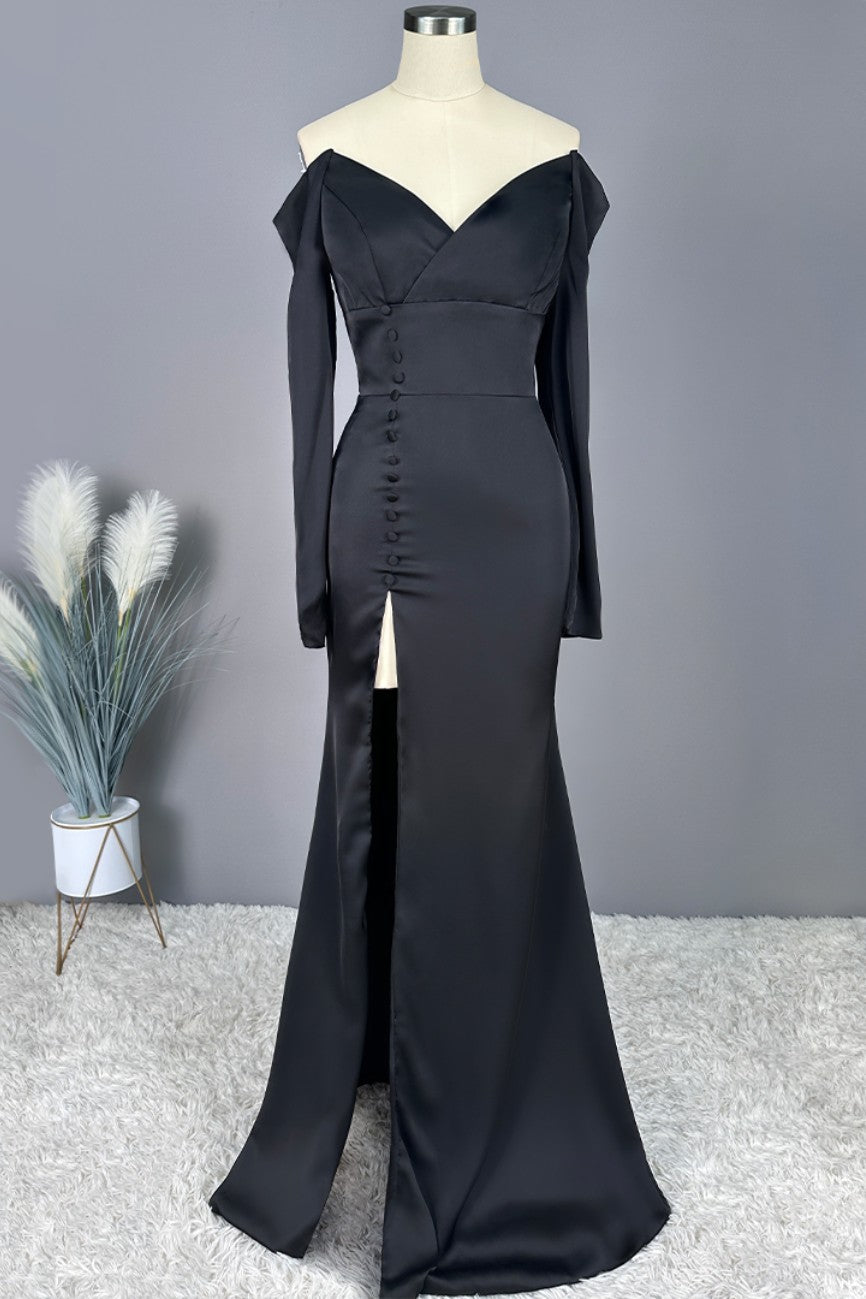 Okdais Elegant Prom Dress Long Black V Neck Off-the-shoulder High Slit X0024