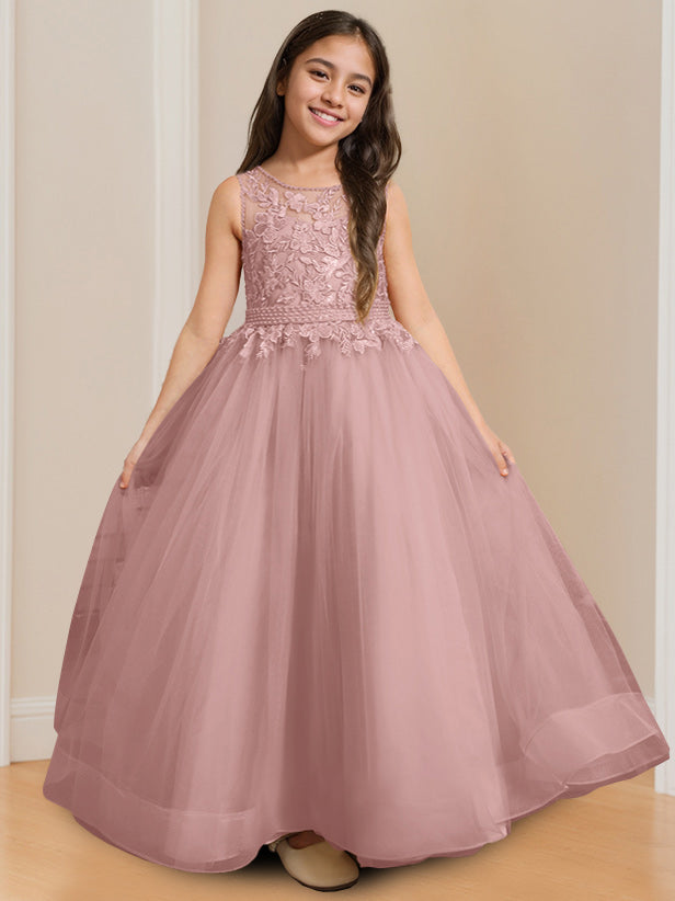 Ball-Gown Round Neck Sleeveless Floor-Length Flower Girl Dress with Appliques