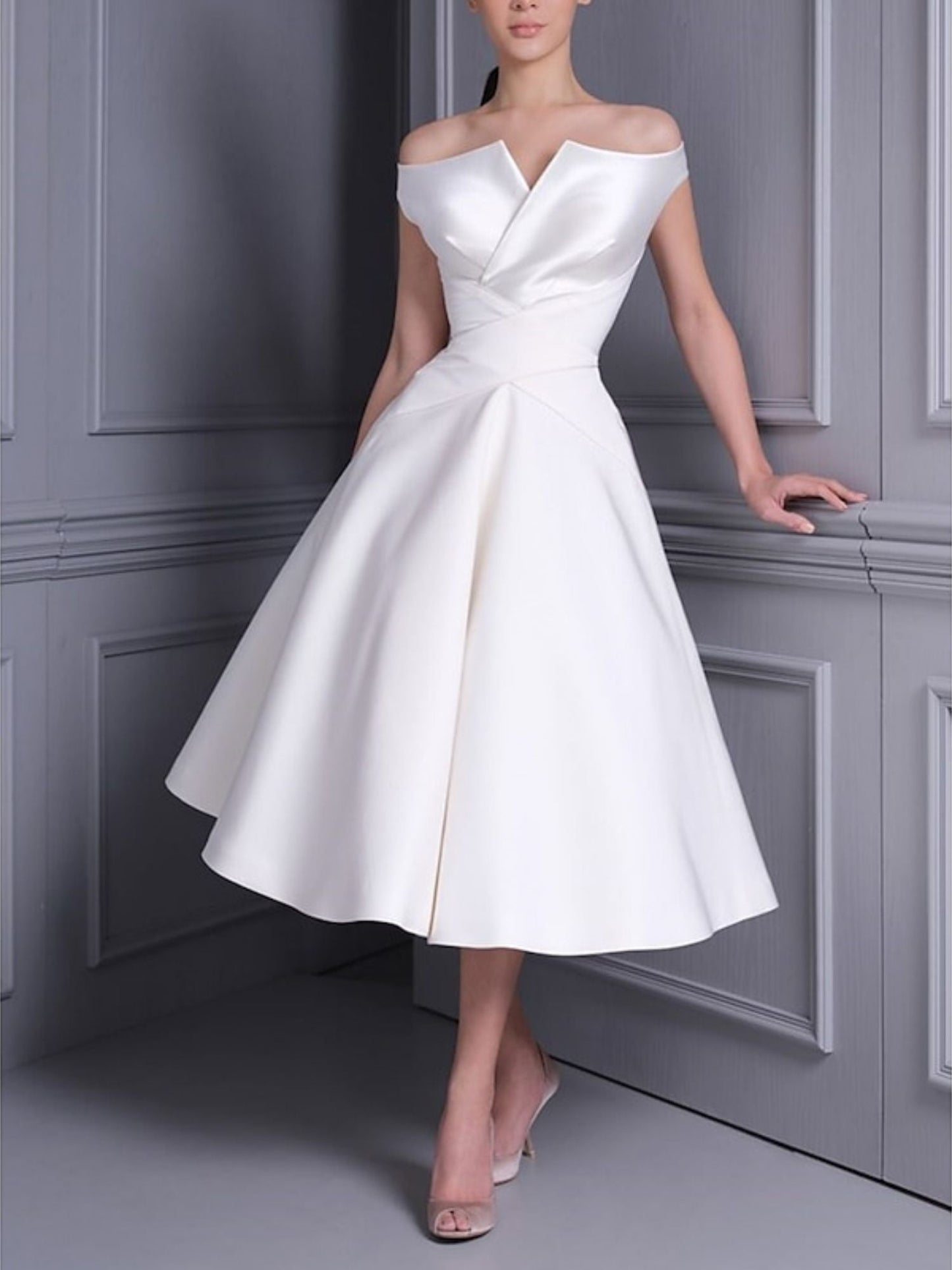 A-Line/Princess Off-the-shoulder Short Sleeves Tea Length luxurious Wedding Dress With Ruffle