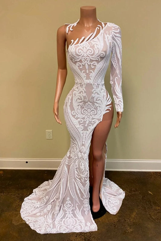 White One-Shoulder Long Sleeves Prom Dress Mermaid Sequins Lace With Split PD0790