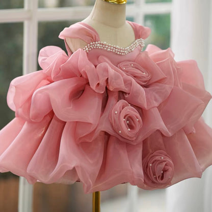 Ball Gown Sleeveless Knee-Length Baby Girl Party Dress with Ruched Flowers