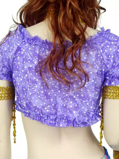 Belly Dance V-Neck Short Sleeves Ruched Short Top with Bow(s) & Printed Flower