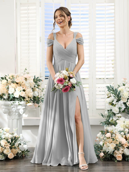 A-Line/Princess V-Neck Floor-Length Chiffon Bridesmaid Dresses with Split Side & Ruched