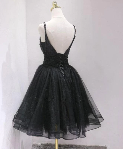 Black Tulle And Beaded Knee Length Straps Homecoming Dress, Black Short Prom Dresses  gh75