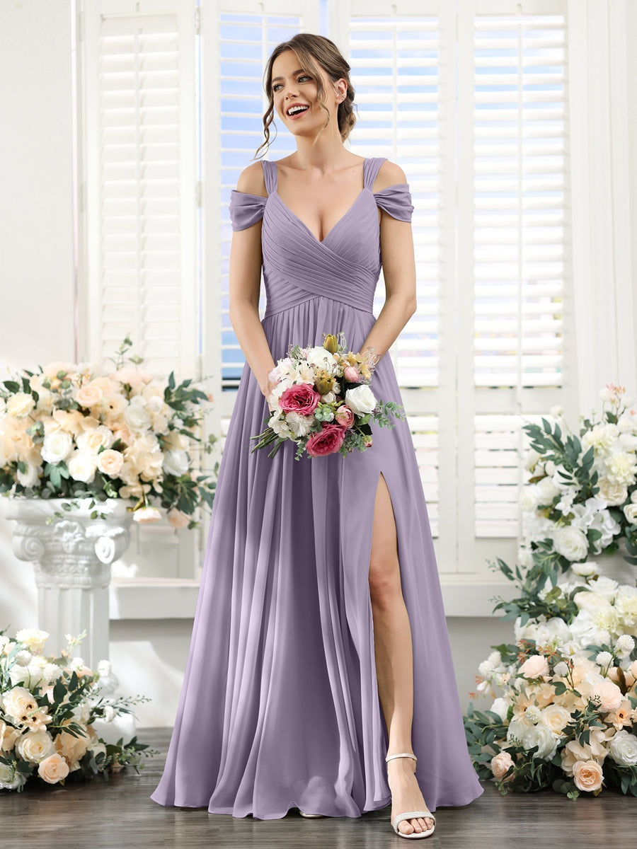 A-Line/Princess V-Neck Floor-Length Chiffon Bridesmaid Dresses with Split Side & Ruched