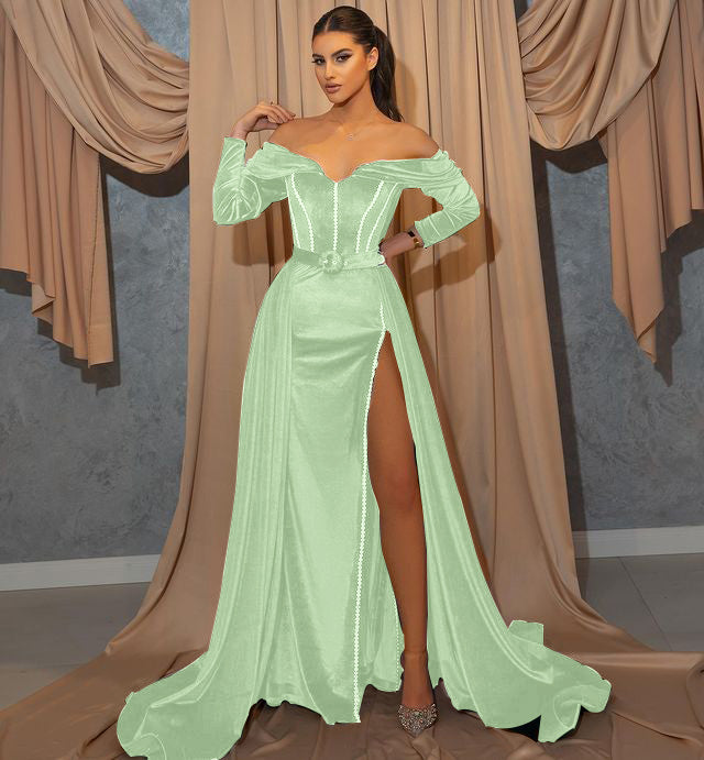 Dark Green Long Sleeves Front Split Mermaid Sweetheart Prom Dress With Belts ED0166