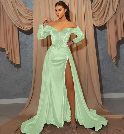 Dark Green Long Sleeves Front Split Mermaid Sweetheart Prom Dress With Belts ED0166