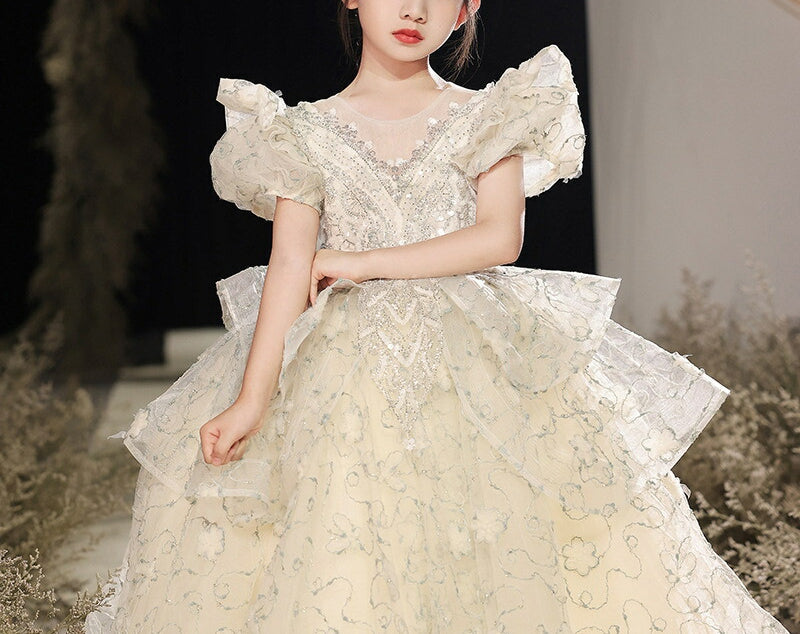 A-Line/Princess Short Sleeves Flower Girl Party Dress with Rhinestone Appliques