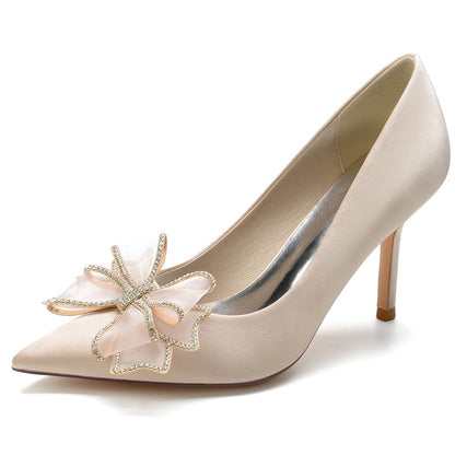 Women's Wedding Silk Satin Pointed Toe Stiletto Heel Bridal Shoes with Crystal Bow